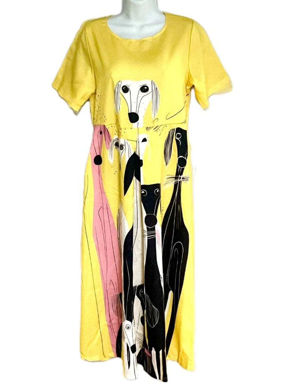 Yellow Dog Print Viscose Maxi Dress with Side Pockets Size S China